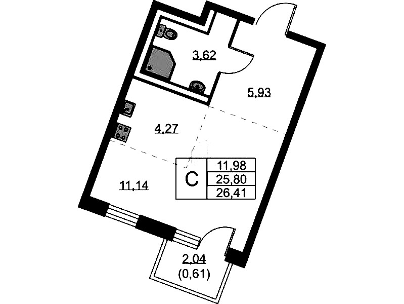 Квартира студия 26.41 м², 2/9 эт., ЖК «Квартал Лаголово»